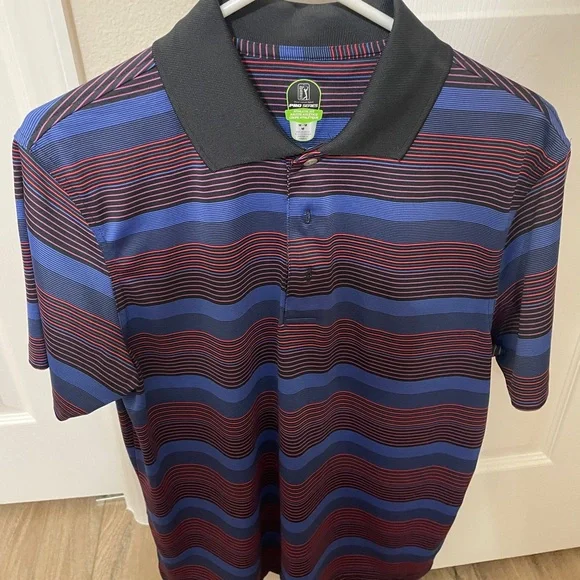 Men’s PGA Tour Blue and Red Golf Polo Shirt with Bold Stripes - Size Medium - Picture 1 of 6